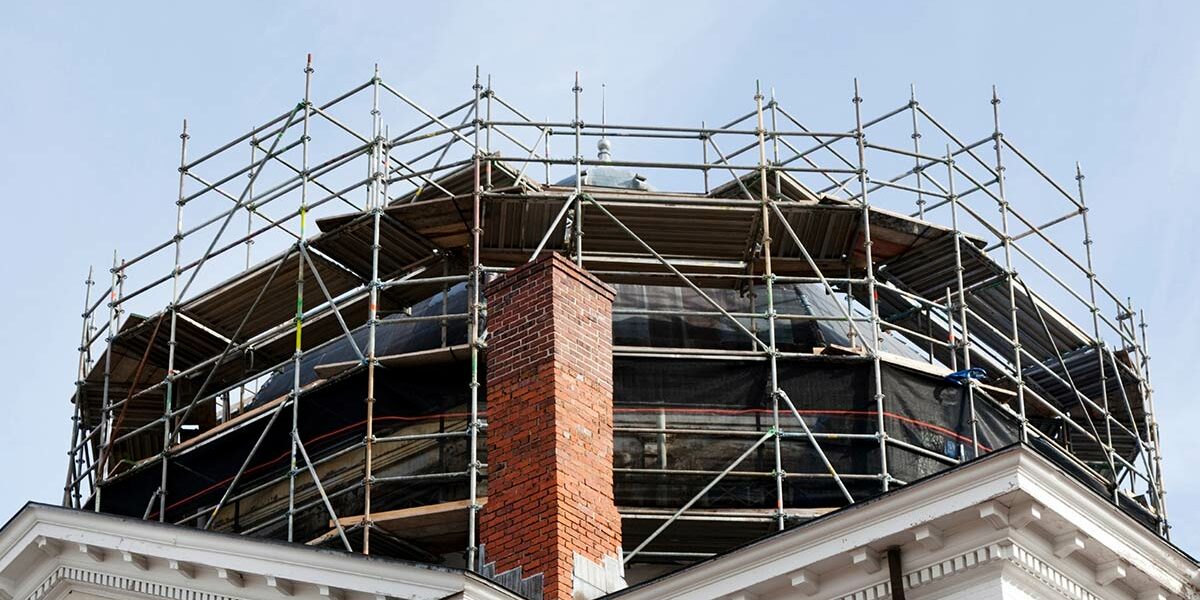 Scaffolding surrounding dome restoration on courthouse